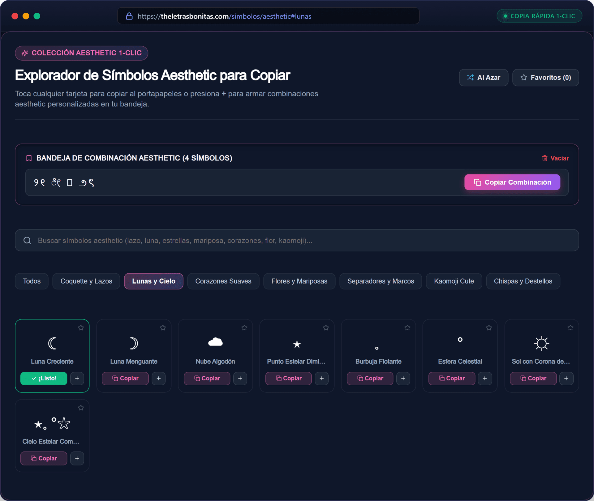 Muestras de símbolos aesthetic clasificados por estilo: lazos, corazones, lunas y separadores