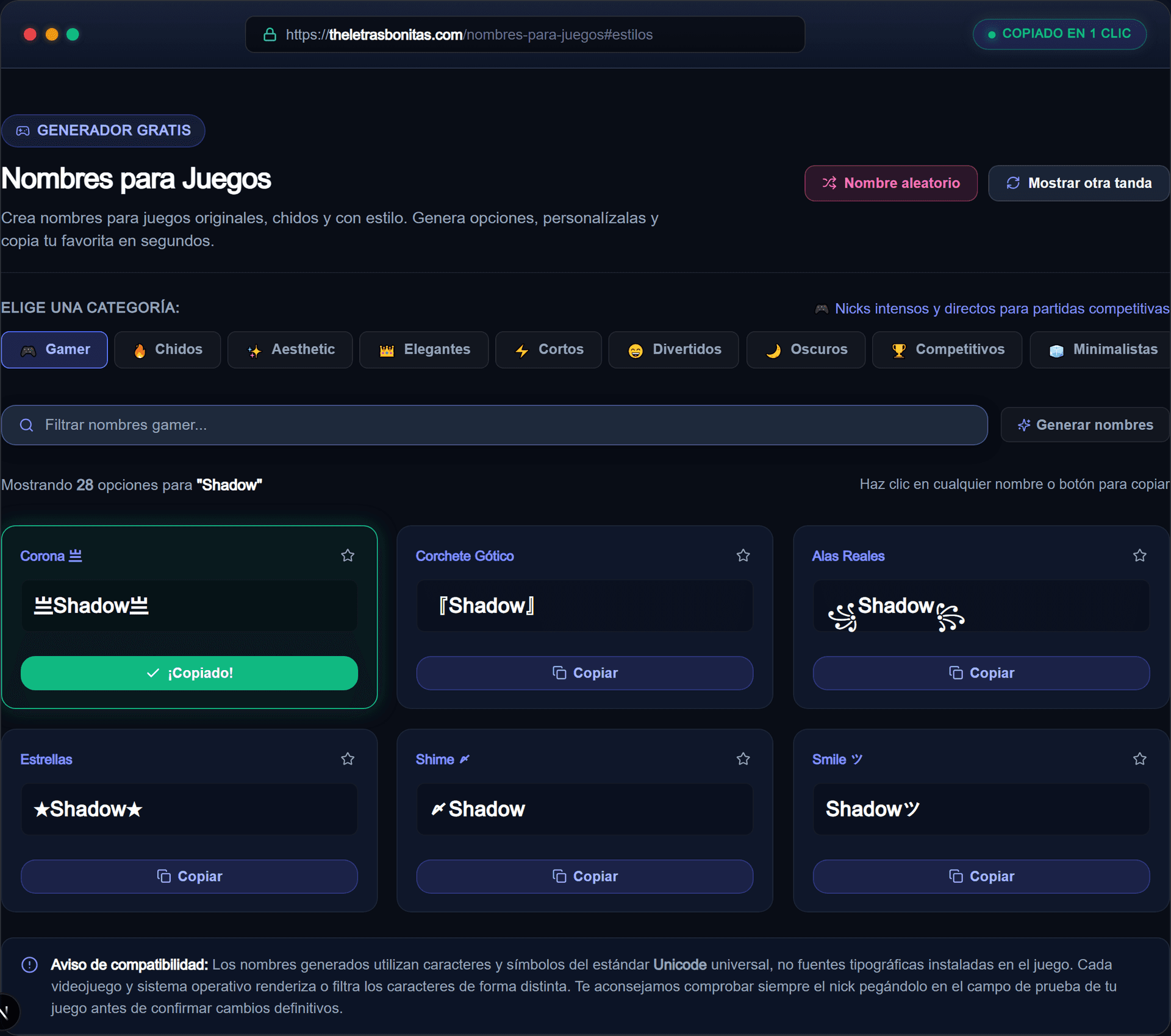 Muestra de estilos tipográficos y copiado de nicks para juegos