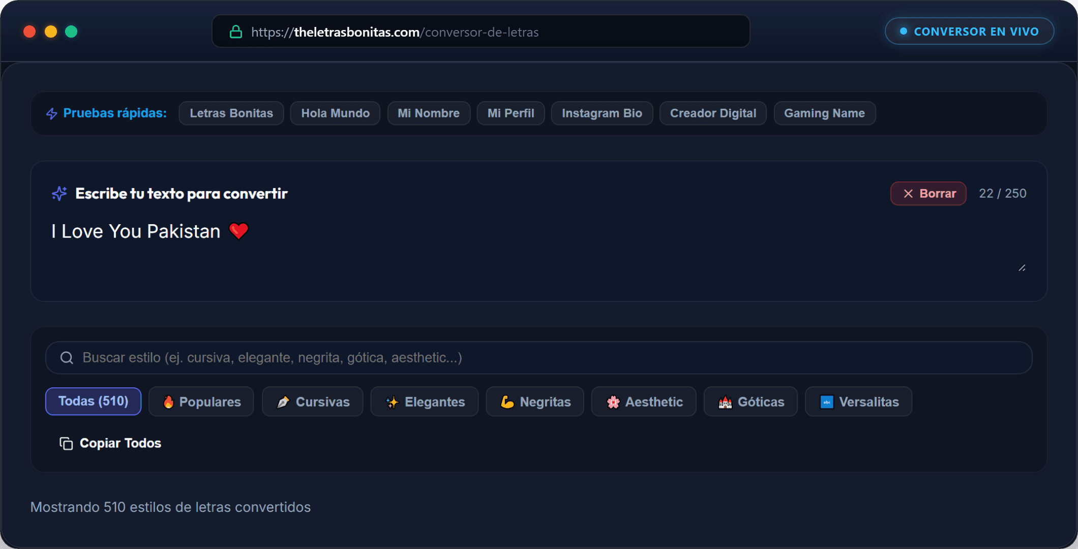 Captura real del conversor de letras en theletrasbonitas.com mostrando panel de escritura, filtros por categoría y pruebas rápidas