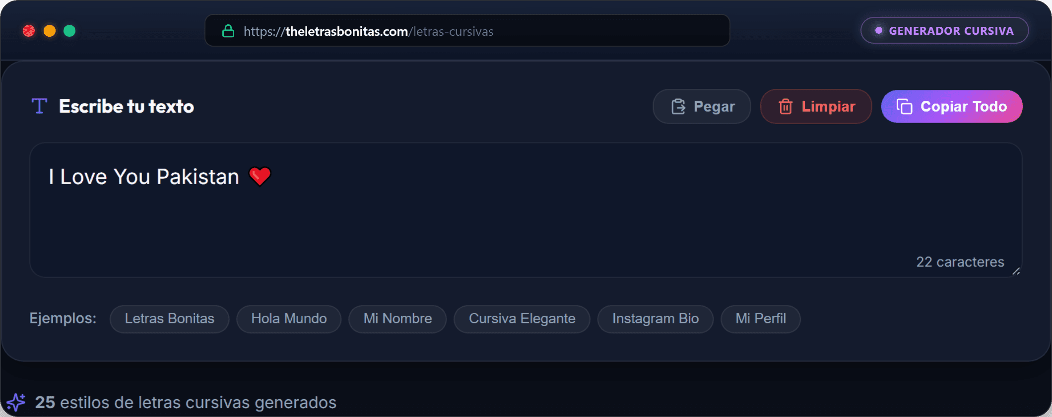 Captura real de la herramienta generadora de letras cursivas en theletrasbonitas.com mostrando panel de escritura y botones de acción