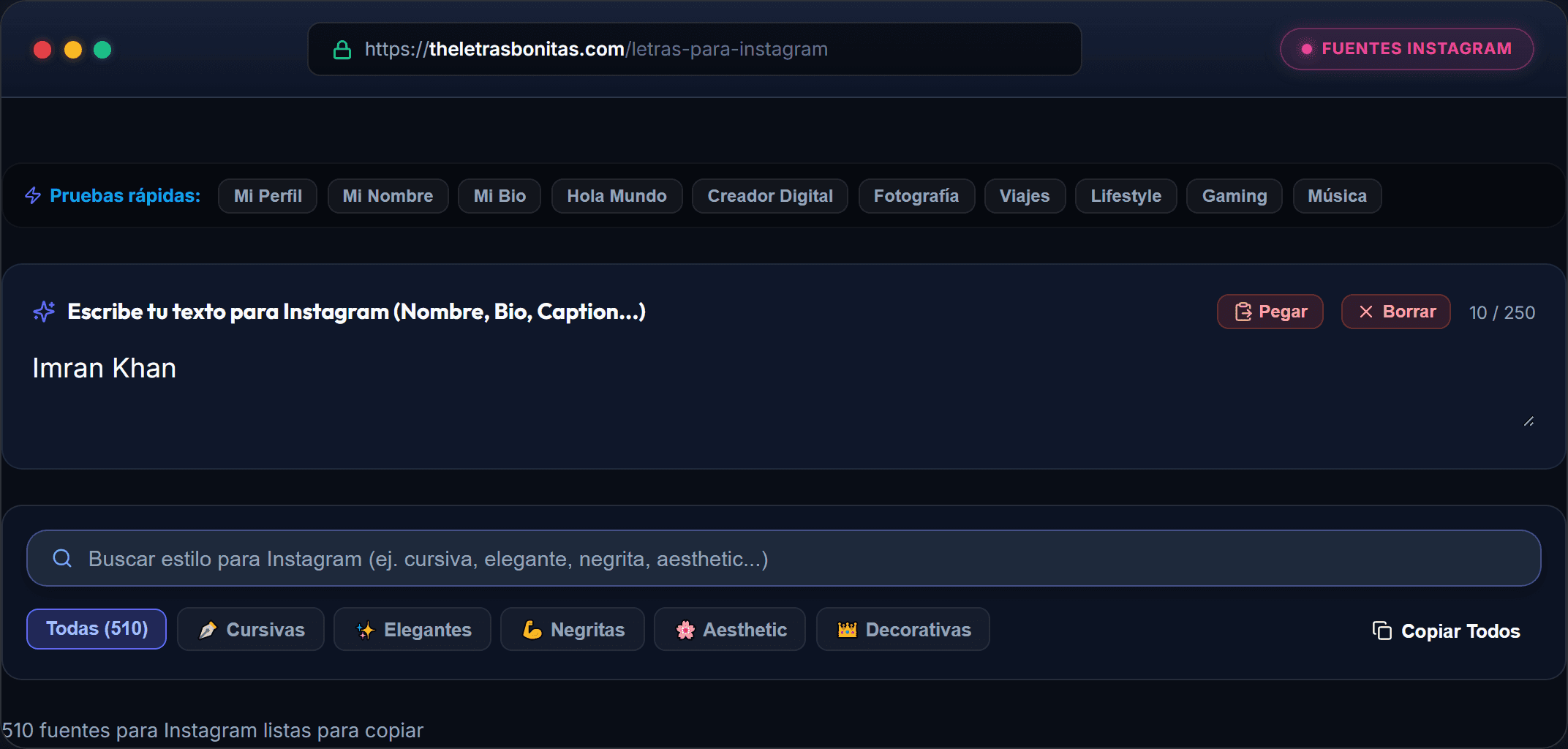 Captura real del generador de letras para Instagram en theletrasbonitas.com mostrando panel de escritura y filtros