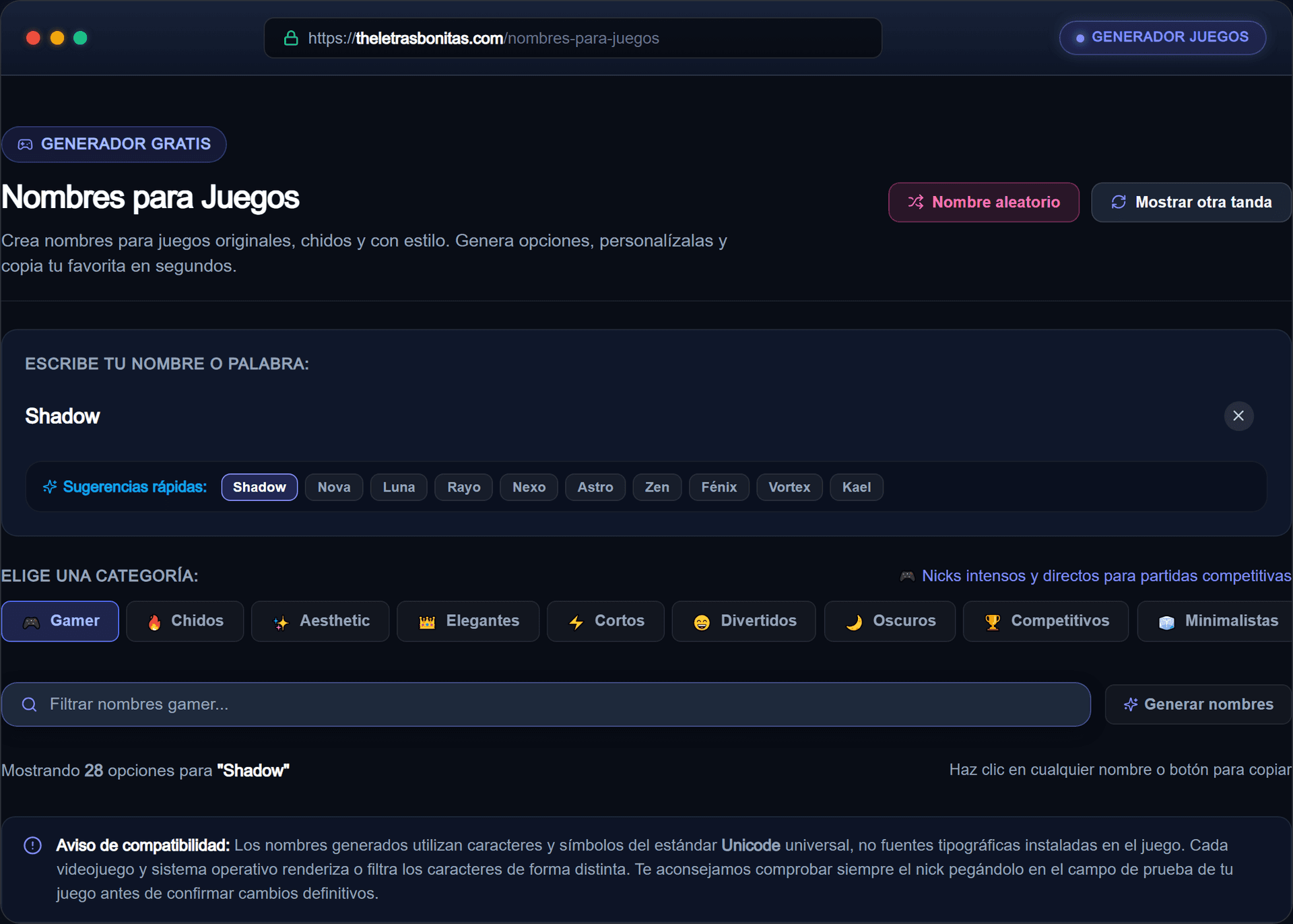 Interfaz del generador de nicks para juegos interactivo
