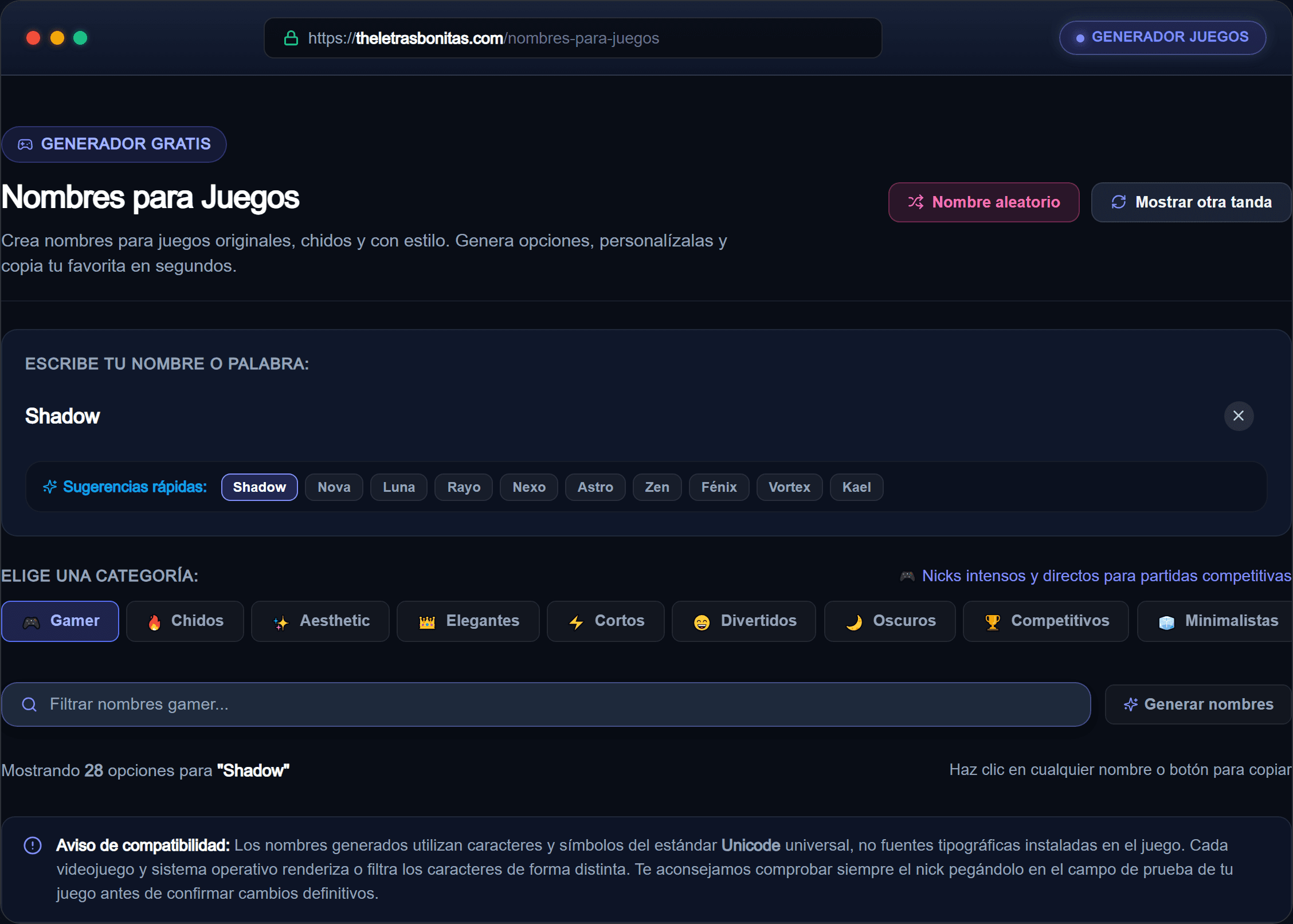 Captura del generador interactivo de nombres para juegos en theletrasbonitas.com mostrando caja de texto y selector de categorías