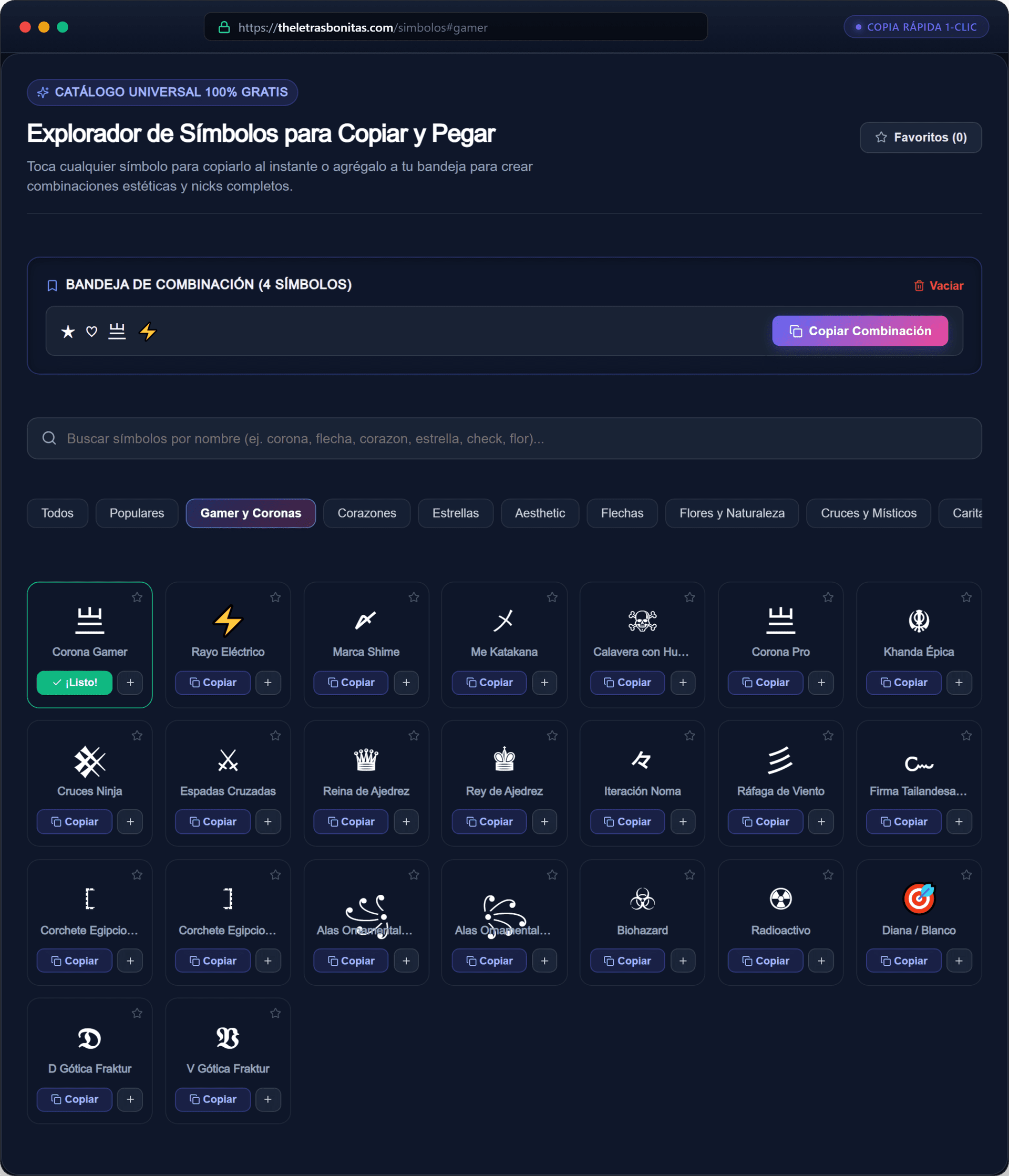 Muestras de símbolos bonitos, aesthetic y gamer clasificados para copiar