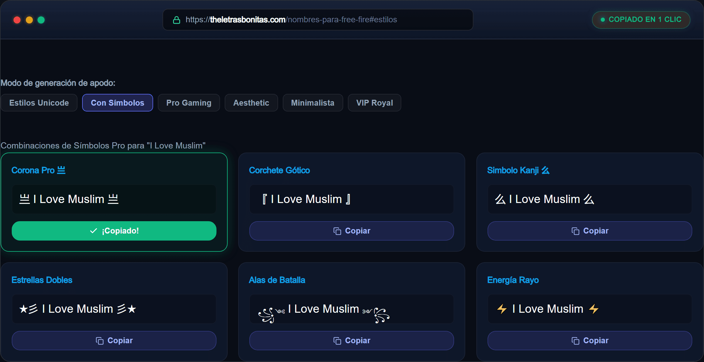 Catálogo interactivo con combinaciones de estilos y símbolos para Free Fire con botón de copiado del nick I Love Muslim